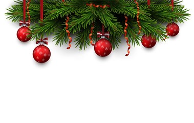 Vector border of Christmas tree branches with red bow and red balls. Season element for greeting card