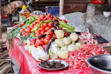 Stand with vegetables on display (Kashgar Animal Market, Xinjiang)