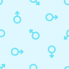 Vector seamless pattern with blue male Mars symbols on light blue background.