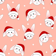 White Rabbit Santa Claus on Pink Background.