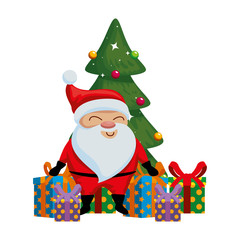 cute santa claus with tree and gifts