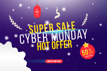 Cyber Monday web banner for sale with sticker. Template with special offer 50% and light effect. Flat vector illustration EPS10