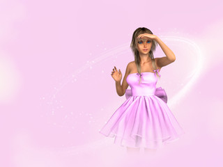Naklejka premium Teen anime style girl in pink dress, looking at something, on pink background. 3D rendering.