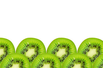 Naklejka na ściany i meble Slice of green raw kiwi fruit background, frame and border, empty space