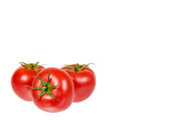 Fresh whole raw red tomato with green leaf, isolated on white background, copy space template