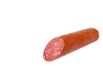 smoked salami sausage piece isolated on white background, copy space template