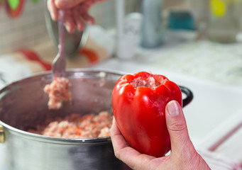 Woman hands fills sweet red pepper with minced meat and rice. Homemade stewed stuffed sweet pepper.
