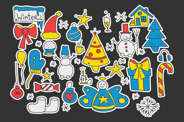 set of winter objects, doodle cartoon vector illustration