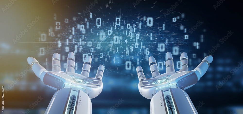 Poster cyborg hand holding a data binary cloud 3d rendering