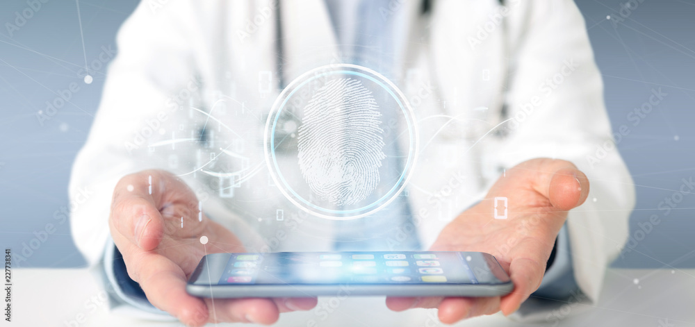 Poster doctor holding a digital fingerprint identification and binary code 3d rendering