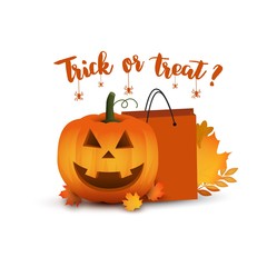 Happy Halloween illustration with pumpkin, bag and fall. Trick or treat.