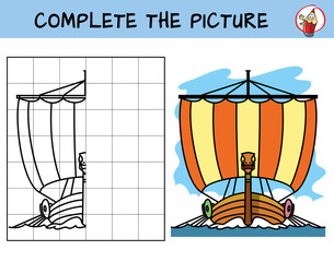 Complete the picture of viking ship. Copy the picture. Coloring book. Educational game for children. Cartoon vector illustration