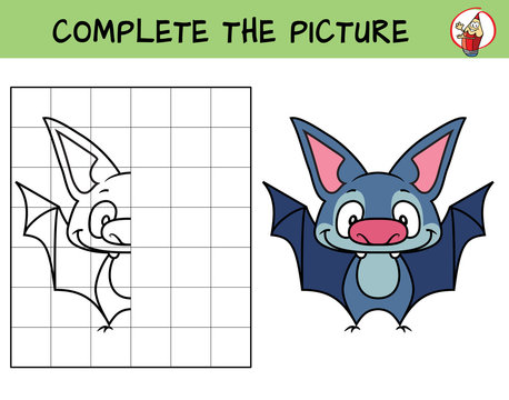 Complete the picture of a funny little bat. Copy the picture. Coloring book. Educational game for children. Cartoon vector illustration