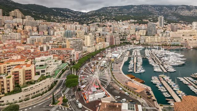 Panoramic view of Port Hercules, Monte Carlo, Monaco.  City skyline. Time lapse video.