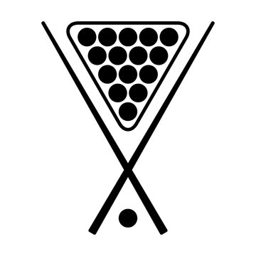 Pool, billiards or cue sports with racked balls and cue sticks flat vector icon for apps and websites