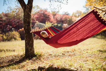 Little boy resting lying in hammock at golden autumn day