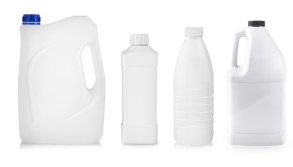 Set of Canisteres and bottles of white plastic on white background