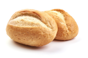 Freshly baked crispy bread rolls, close-up, isolated on a white background.