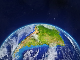 South America on planet planet Earth in space. Extremely detailed planet surface and clouds.