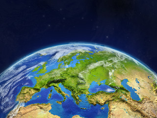 Europe on planet planet Earth in space. Extremely detailed planet surface and clouds.