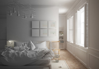 Unfinished project draft of scandinavian minimal bedroom with messy bed and big windows, minimalist architecture interior design