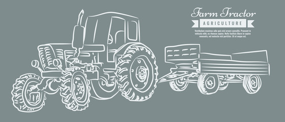 Farm tractor with sketch style line art design. Hand drawn vector illustration.
