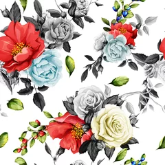 Behang Seamless background pattern. Rose, poppy, pomegranate buds.Hand drawn illustration on white. Watercolor, vector - stock.  © iMacron