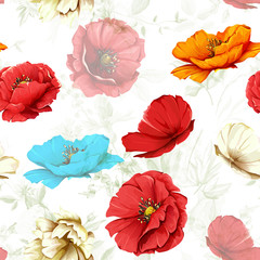 Seamless background pattern. Different colored poppy flowers. Watercolor, hand drawn. Vector - stock.