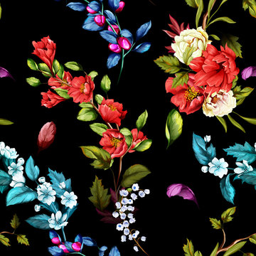 Seamless background pattern. Wild flowers, pomegranate buds, lily of the valley with branch and leaves. Watercolor, hand drawn.