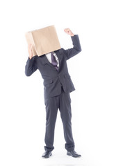 business person concept.blank space paper bag over head businessman in suit and black necktie with white background isolated.