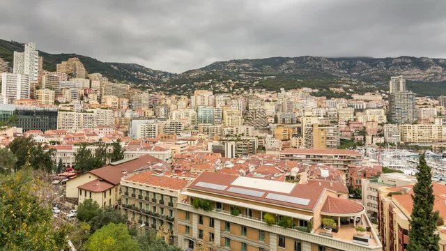 Monte Carlo, Monaco. Panoramic view. Dramatic cloudy sky. Time lapse video. 