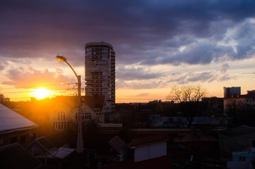 Sunset in city