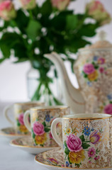 Vintage, antique, Crownford Burslem china demitasse coffee cups and coffee pot, with rose design