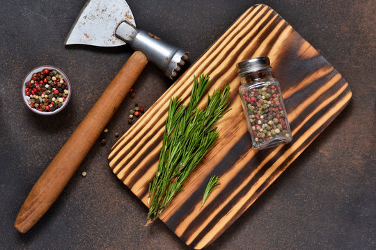 Photo background with a cutting board. Kitchen tools.