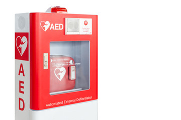 AED box or Automated External Defibrillator medical first aid device isolated on white background - obrazy, fototapety, plakaty