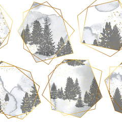 Modèle sans couture avec des arbres forestiers de silhouettes, des formes géométriques dorées et une texture aquarelle. Illustration vectorielle