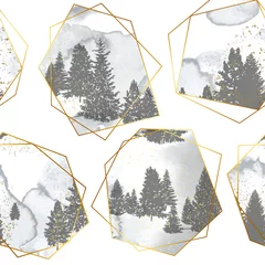 Keuken foto achterwand Bos Naadloos patroon met silhouetten bosbomen, gouden geometrische vormen en waterverftextuur. Vectorillustratie