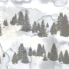 Naadloos patroon met silhouetten bosbomen en waterverftextuur. Vectorillustratie