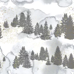Photo sur Plexiglas Forêt Modèle sans couture avec silhouettes d& 39 arbres forestiers et texture aquarelle. Illustration vectorielle