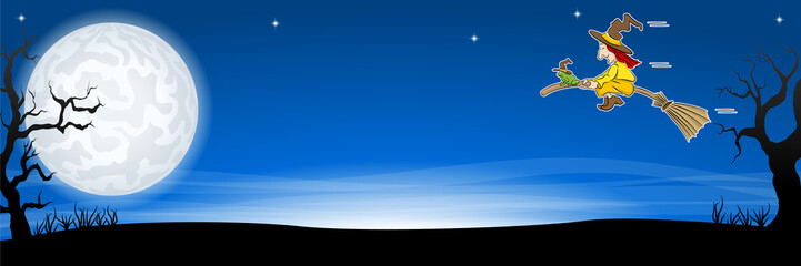 comic witch flying with her broom in a halloween landscape