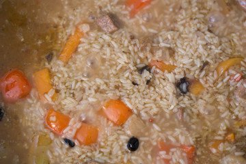 Rice pilaf with meat of a lamb, with stewed vegetables, onions, carrot and garlic