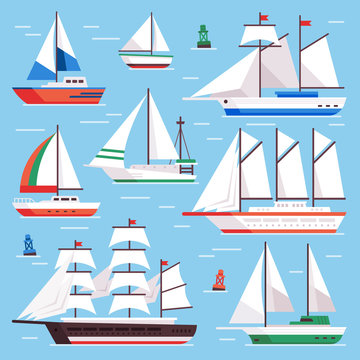 Sail boat. Transportation sailboat for water sailboat race. Flat luxury sailing vector illustration set