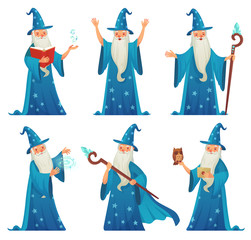 Cartoon wizard character. Old witch man in wizards robe, magician warlock and magic medieval sorcerer isolated vector set - obrazy, fototapety, plakaty