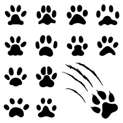 Pets paw footprint. Cat paws prints, kitten foots or dog foot print. Pet rescue logo isolated vector symbol