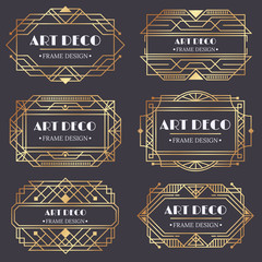 Art deco frame. Antique golden label, luxury gold business card letter title and vintage ornaments frames design vector elements