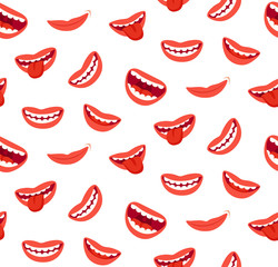 Cartoon smiling lips seamless pattern. Laughing mouth with tongue. Funny joyful vector texture