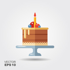 Birthday cake on the stand flat icon with shadow