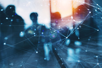 Silhouette of business people work together in office. Concept of teamwork and partnership. double...