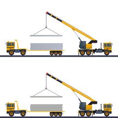 Vector illustration of loading building blocks, truck crane and truck with blocks and cement