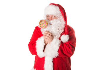 Funny santa and candy. White background. 
